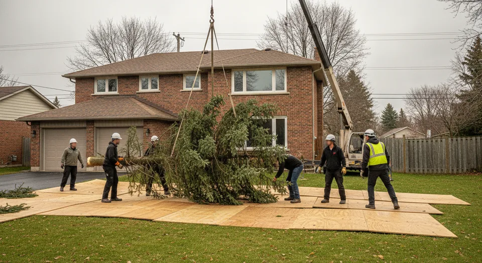 A ground crew lowering a rigged spruce section onto plywood across a wide lawn behind a 1970s two-storey house in Waterloo, Ontario